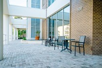 Outdoor seating area to eat a snack or drink your coffee before you head to class. 
